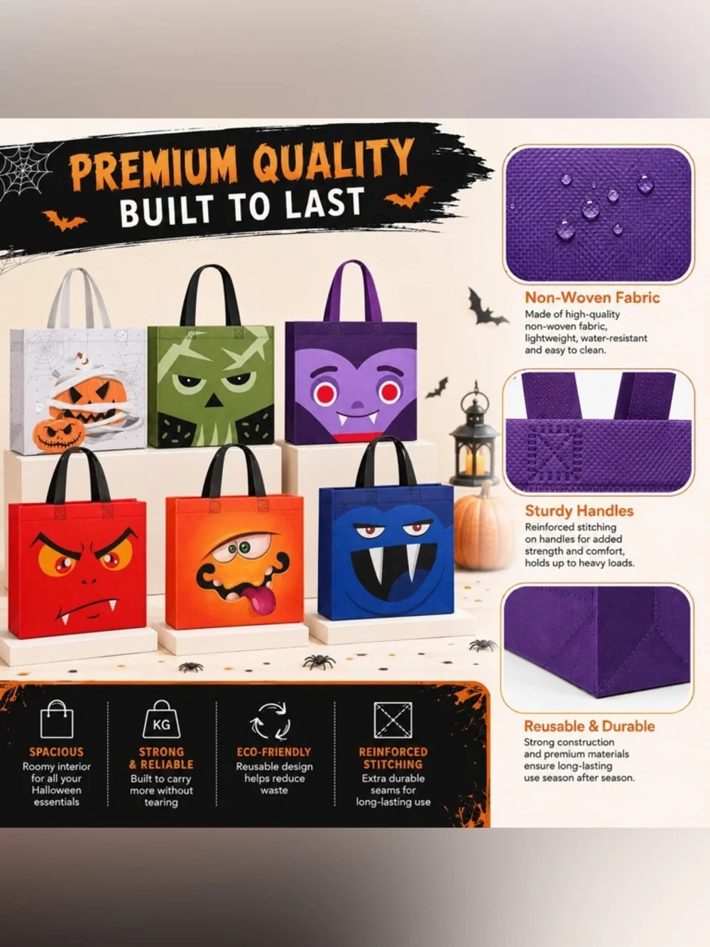 Halloween Kids Trick-or-Treat Tote Bag Set - Assorted Monster Faces 6 pack